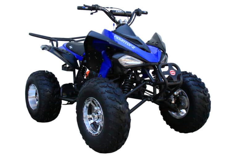 A blue and black atv on a white background.