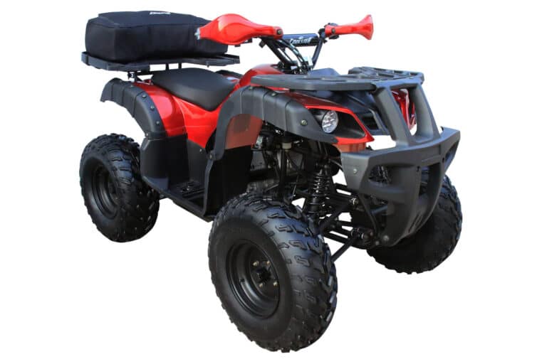 A red and black atv on a white background.