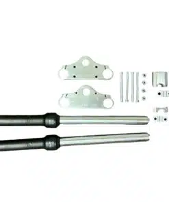 Various disassembled metal parts, including a bracket, of a Front Fork Suspension 214/214S:620mm (FO-13) (MGM-CC001) arranged neatly on a white background.