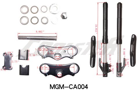 A set of parts including Front Fork 214XR-2 (MGM-CA004) and bracket for a motorcycle.