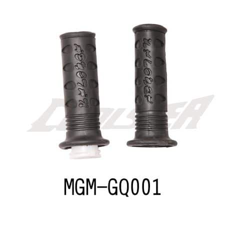 A pair of black rubber Handle Bar Grips for 210/213A (L.R-Set) (HALR-9) (MGM-GQ001) for a motorcycle.
