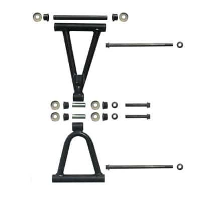 A set of Front A-Arm for 3050B (FAA-5A) (MGM-JA002) parts for the front suspension of a car.