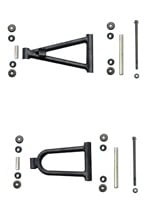 A pair of black Front A-Arm for 3125B (FAA-8) (MGM-JA004) sway bars and bolts on a white background, attached to an A Arm.