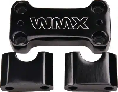 A pair of black Handle Bracket M-125 (MGM-QA005) with the word xmw on them that function as a holder and bracket for the bike fork.