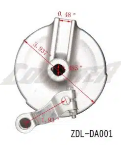 A diagram depicting the dimensions of a Front/Rear Brake Shoe 210/213 (BSFR-3) (ZDL-DA001) featuring a drum-like brake hub.