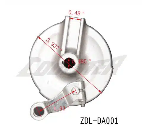 A diagram depicting the dimensions of a Front/Rear Brake Shoe 210/213 (BSFR-3) (ZDL-DA001) featuring a drum-like brake hub.