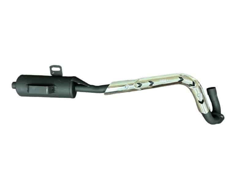 An isolated image of a black and metallic automotive exhaust on a white background, for a Complete Exhaust Assembly with Muffler for QG-210, QG-213A (MU-10) (PQG-QG002).