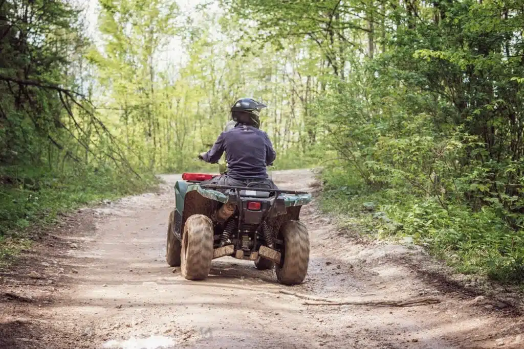 An ATV driver steers their vehicle down a dirt road in nature.