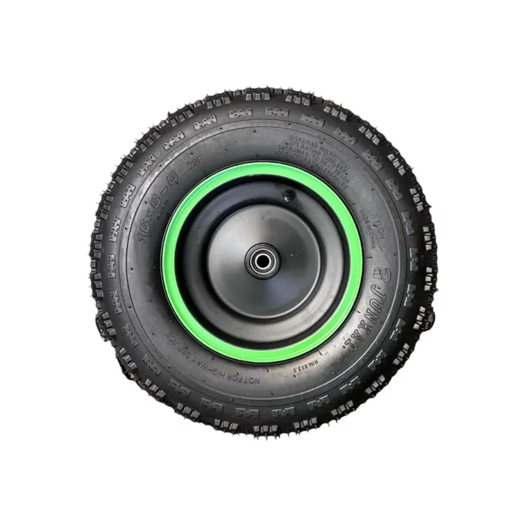 A black Front Wheel for 6125B 125CC Go Kart (16x6-8) (WHF-32) with green rims, suitable for a 125cc Go Kart, on a white background.