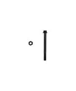 A black screw and nut on a white background.