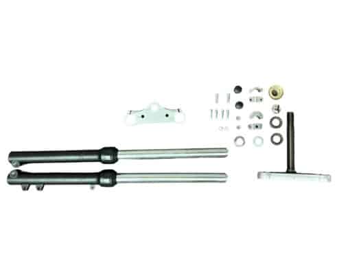 Front Fork Suspension 214-2 (FO-10) (MGM-CA018) and a variety of small hardware components including screws, nuts, and washers, neatly arranged on a white background with brackets.