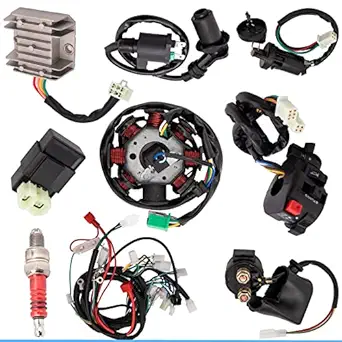 An assortment of electrical parts for 125cc ATV