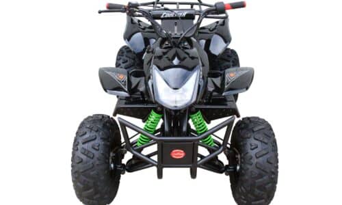 A black and green atv on a white background.