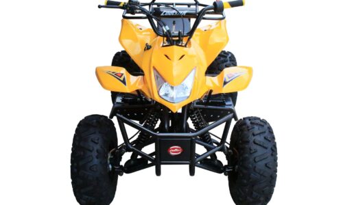 A yellow atv on a white background.