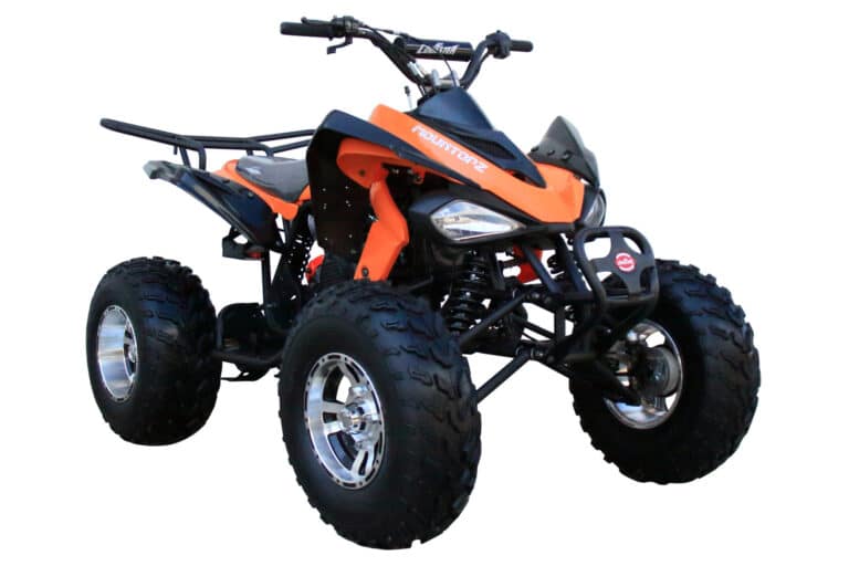 An orange and black atv on a white background.