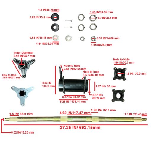 3-Prong Hub Rear Axle Assembly for ATVs and Go-Karts. AXR-34A-MGM-MAB12 with dimensions