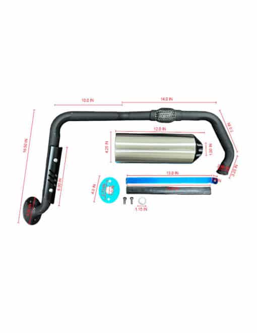 Technical illustration of an exhaust system with a labeled Muffler for ATV-3150CXC, 3175S (MU-43) (MGM-FA012), dimensions, and components on a white background.