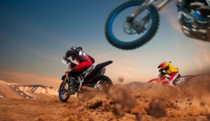 3 men on dirt bikes racing on a motocross track made of dirt