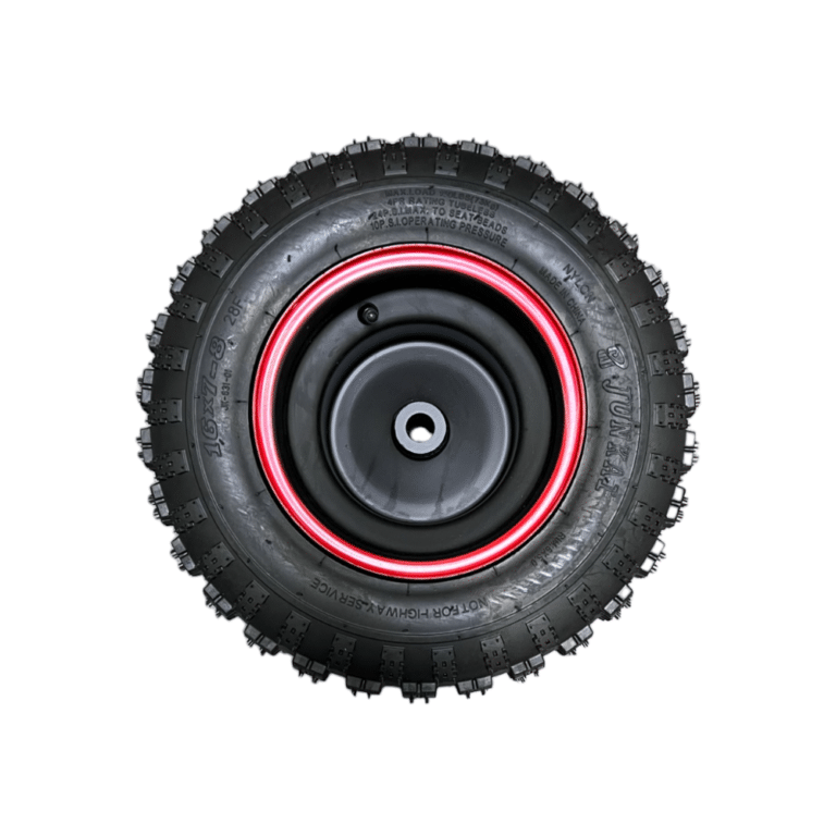 A Front Wheel for 6125B 125CC Go Kart (16x6-8) (WHF-32) with a red rim and white background.