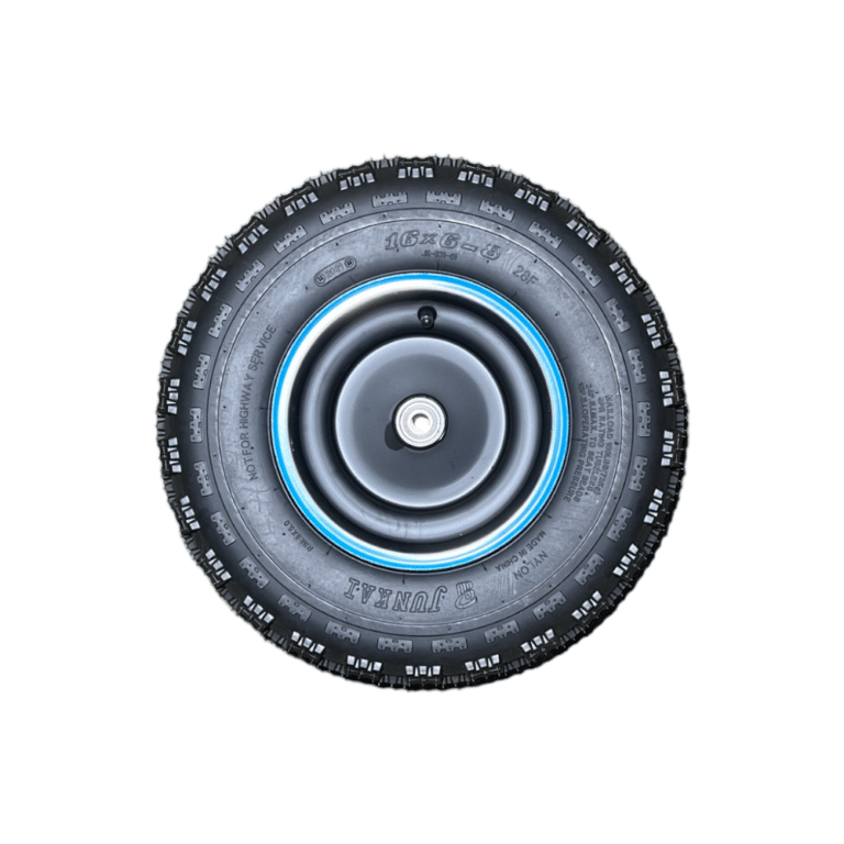 A Front Wheel for 6125B 125CC Go Kart (16x6-8) (WHF-32) with a blue rim on a white background.