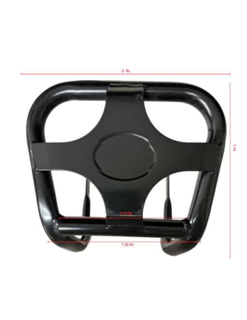 A black plastic cup holder with Front Metal Bumper for ATV-3125B/3125B-2 125CC ATV (BDSSF-3125B) dimensions labeled, viewed from the top against a white background.